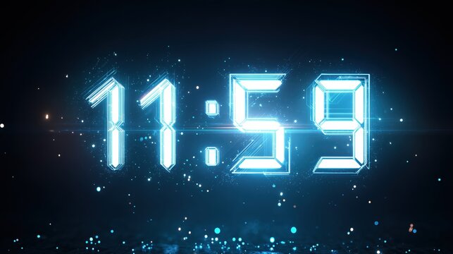 A futuristic neon countdown clock glowing at 11:59 with sparkling particles and a high-tech atmosphere. Perfect for New Year themes, event countdowns, digital designs, and modern celebrations.