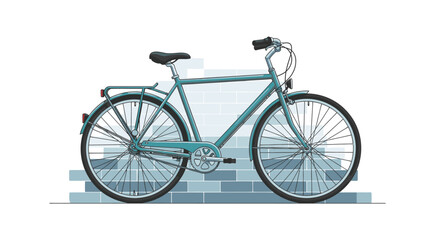 Fototapeta premium A light blue vintage city bicycle, complete with a rear rack and front light, is illustrated against a blue brick wall, representing sustainable urban transport.
