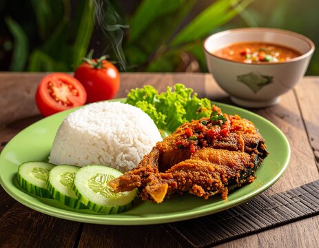 Realistic image of pecel lele with fried catfish, sambal tomato, fresh vegetables, and rice on a green plate.