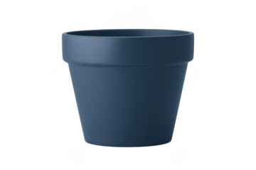 Single dark blue plastic plant pot with a wide rim and tapered body isolated on a transparent background