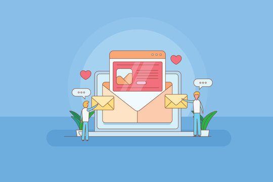 Person send email message and recipient respond, open envelope with newsletter, digital communication workflow line artwork.