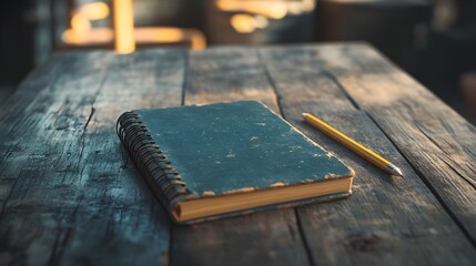 Vintage Notebook and Pencil on Wooden Table