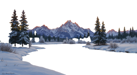 traditional watercolor of a wide winter landscape at golden hour, massive alpenglow mountains reflected in a calm, snow-framed river with tall pines and visible wet washes. concept of serene beauty