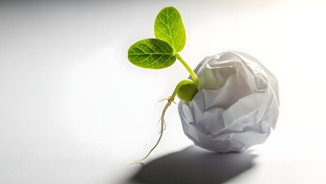 Green seedling sprouting from crumpled white paper ball representing recycling and hope