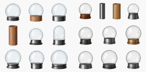 Collection of empty glass snow globes, bell jars, and cylindrical bases with various colored stands on a transparent background.