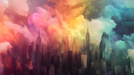 Vibrant cityscape painting with dramatic colorful clouds, skyline artwork evoking urban energy and creativity, a modern metropolis fantasy dreamscape