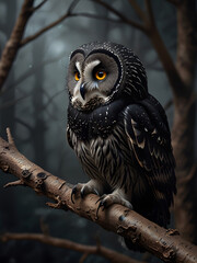 owl on branch in the dark forest