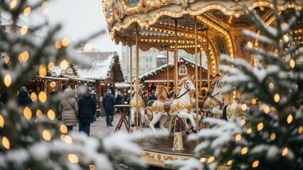 Obraz premium Christmas market with vintage carousel and festive lights in winter 