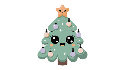 Obraz premium Festive Character: A charming cartoon Christmas tree, adorned with cheerful lights and a star, emanating warmth and the spirit of the season. 