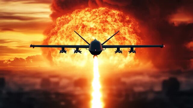 Military drone navigates smoke and fire during dusk, capturing the aftermath of an explosion, A small military drone flying low over the aftereffects of a nuclear bomb