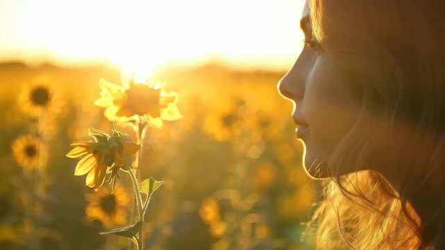 Sunflowers basking in the warm sunlight with a figure enjoying the serene moment in the field, A close-up view of sunflowers absorbing the warm sunlight as they grow