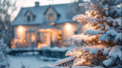 beautiful winter morning with snow covered Christmas tree and glowing house lights, festive holiday spirit, cozy atmosphere, soft morning light