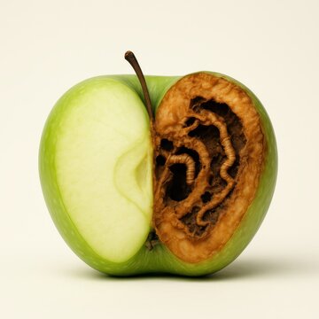 Fresh and Rotten Halves of a Single Green Apple Fruit