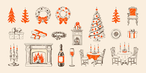 Hand drawn christmas and new year holiday elements set