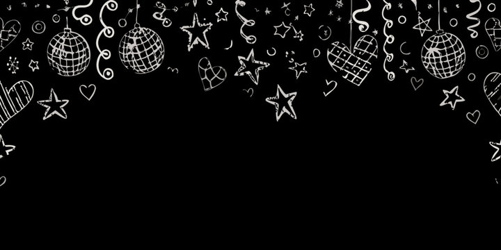 Hand drawn party decoration border with disco balls stars and hearts