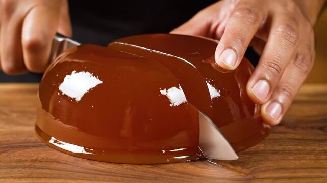 Close-up of a huge shiny caramel jelly dome on a wooden board. A hand slowly drags a knife across the top, the jelly wobbling and splitting in a smooth line. 
