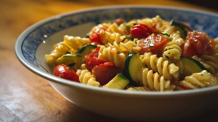 Close up view features spiral shaped pasta tossed with bright red tomatoes and sliced green zucchini in a patterned bowl