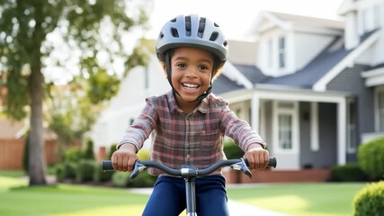Smiling child riding bicycle in a sunny neighborhood near home
