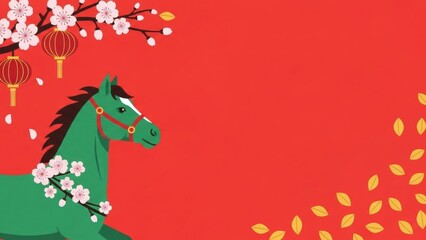 Green horse with cherry blossom and chinese red lantern on red background for Chinese New Year, spring festival, lunar new year greeting card.