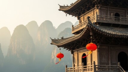 Traditional Chinese temple with red lantern. Architectural structure with historical and cultural significance, ideal for Chinese New Year celebration.