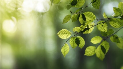 Bright fresh green leaves illuminated by morning sun, bokeh forest background, crisp and clean spring vibes, natural minimalism, space for text
