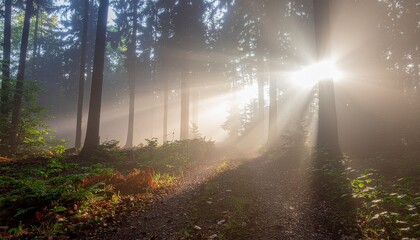 Obraz premium 太陽の光が射す森の中。In the forest under the sunlight.