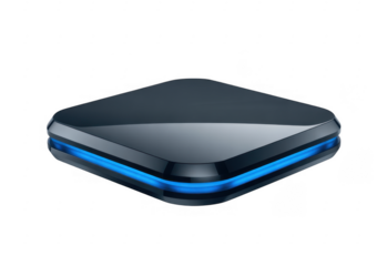 Sleek dark grey square device with glowing blue light strip isolated on a transparent background