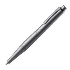 Sleek metallic silver pen with clip and button detail isolated on a transparent background