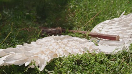 Celestial wing resting on fresh grass with wooden staff across feathers under gentle sunlight, symbolizing purity, power, and divine presence within peaceful nature