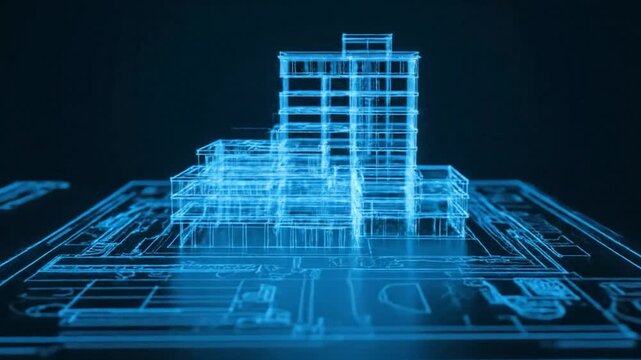 Blue wireframe model of a modern high-rise building on a blueprint
