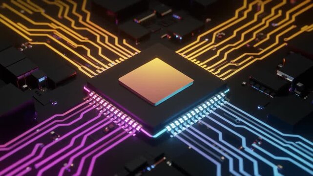 Close-up of a Computer Microchip with Glowing Orange and Purple Circuitry and Data Flow computer chip