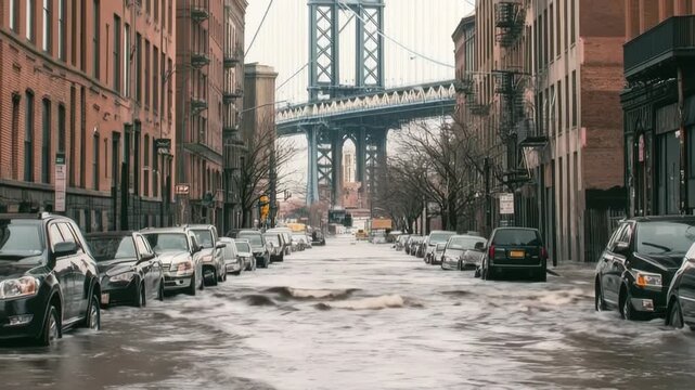 Flooding on city street near bridge during heavy rain in urban area