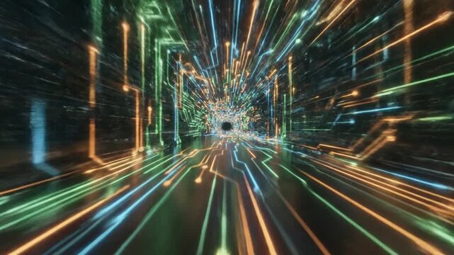 A mesmerizing tunnel with vibrant, glowing lines of different colors creating a futuristic perspective