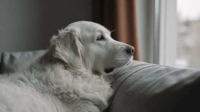 A fluffy golden retriever lies peacefully on a cozy couch, watching the outside world through a sunlit window. The atmosphere feels calm and inviting as the dog enjoys the moment
