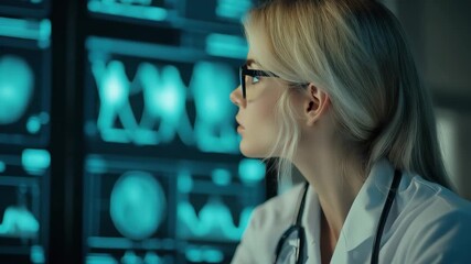 Caucasian female medical professional analyzing data in a modern laboratory setting, statistics and data processing over caucasian female doctor - Powered by Adobe