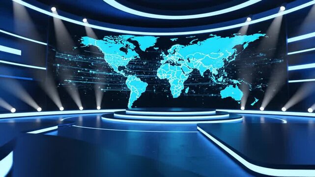 Cutting-edge broadcast studio set with dynamic global map backdrop for news, financial reports, and technology presentations that demand attention