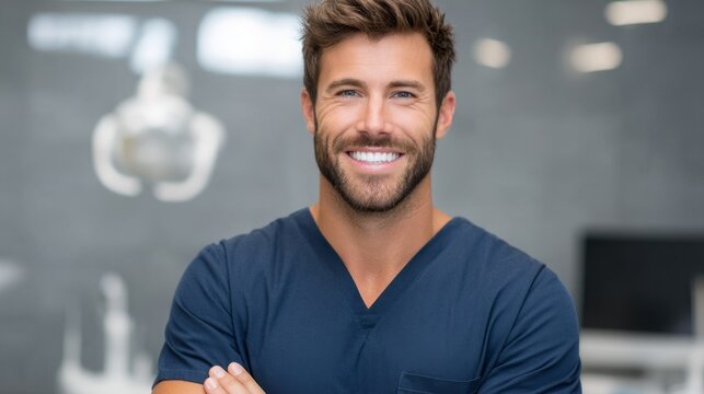 A skilled dental professional stands with a friendly smile in a well-lit clinic. Modern tools and equipment can be seen, highlighting the professional environment