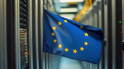 European Union flag and globe in a modern server room on a digital infrastructure tour, flag of eu and globe over server room - Powered by Adobe