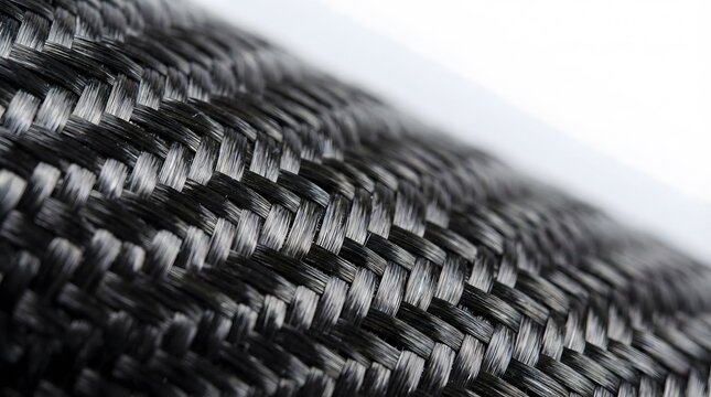 Macro shot of black woven carbon fiber material texture showing diagonal pattern for automotive industry and modern high tech material backgrounds.