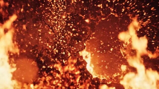 An apocalyptic hellscape of burning embers and molten lava, a fierce fiery inferno glowing with intense heat and fury