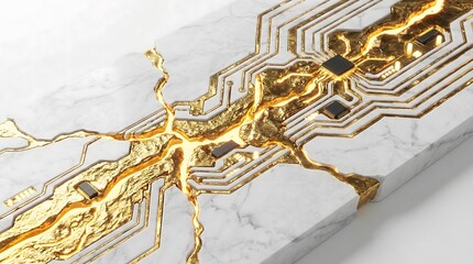 Luxurious white marble texture featuring cracked veins filled with liquid gold circuitry and microchips suitable for premium technology hardware and geology design.