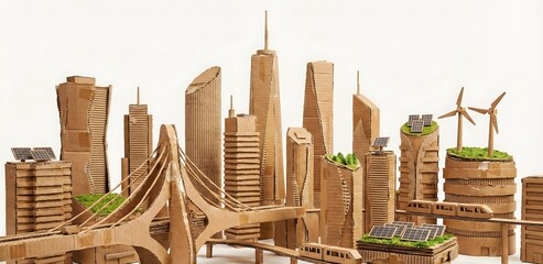 Conceptual architectural model of a sustainable city skyline made entirely from recycled cardboard and wood suitable for eco friendly and environmental planning.