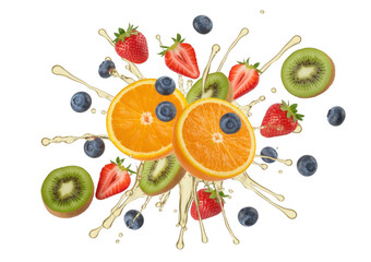 Sliced oranges blueberries strawberries and kiwi fruit splashing in liquid isolated on a transparent background