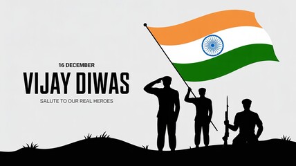 16 December Vijay Diwas – three soldiers silhouettes with waving Indian tricolour, salute to our real heroes