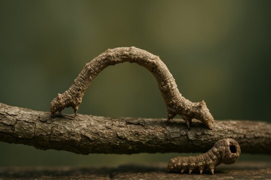 A fascinating inchworm arches its body on a rustic tree branch