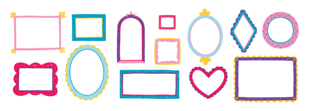A set of hand-drawn cute frame mirrors with crayon, pastel and pencil texture. Kids frame print collection with scribble.