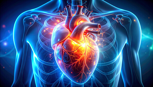 Human Heart Anatomy Illuminated in Glowing Blue and Orange.