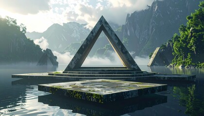 Mysterious Ancient Stone Triangle Structure on Water in a Misty Jungle Landscape.
