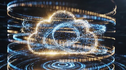 A futuristic digital representation of cloud computing technology, illustrating big data storage, smart network connections, and global business concepts - Powered by Adobe