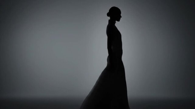 A stark silhouette of a woman in a long flowing gown against a gradient grey background